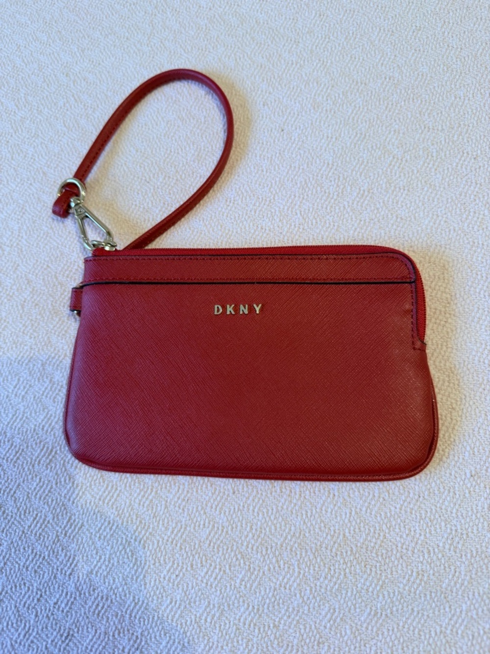DKNY Red Leather Wristlet Clutch with Gold Logo